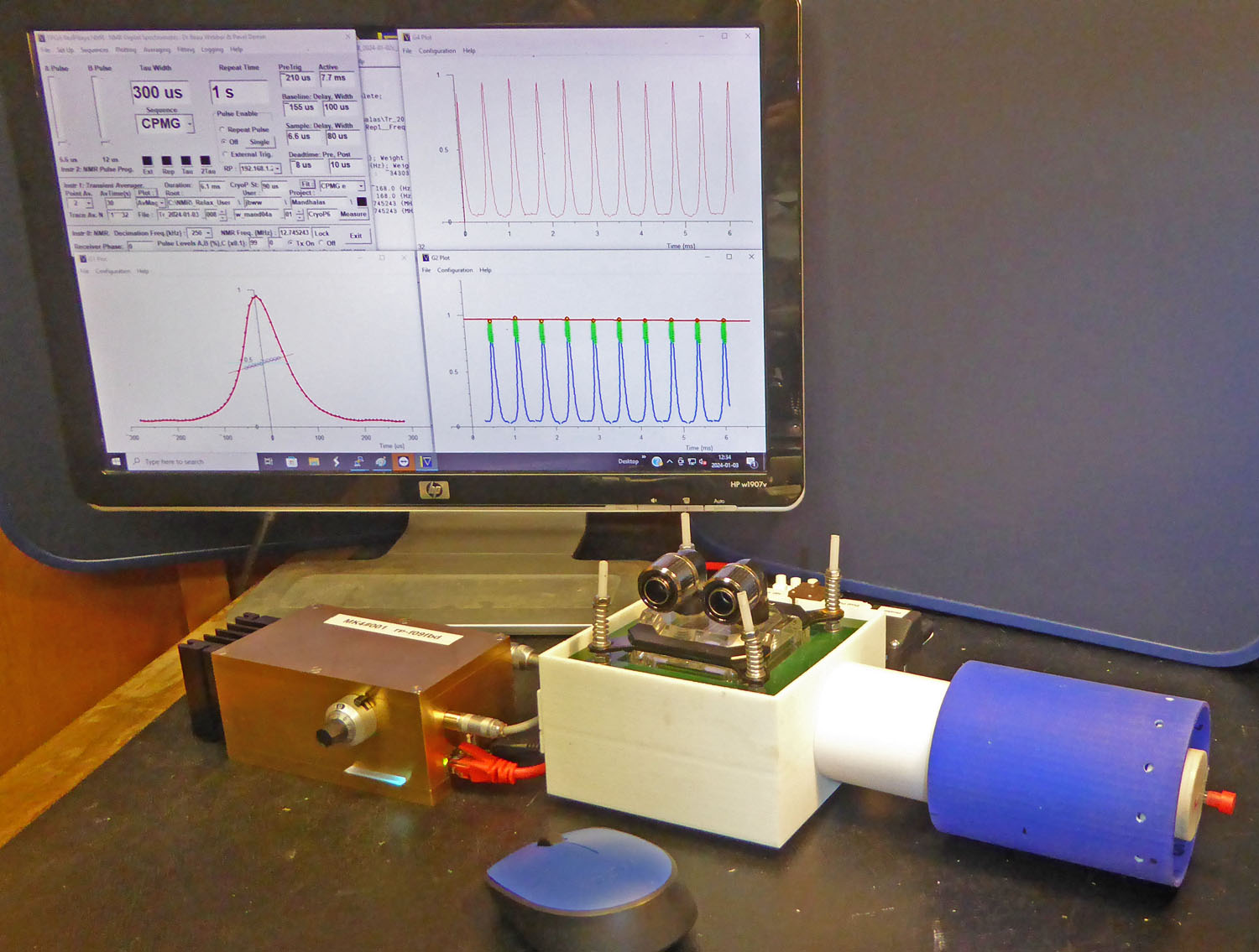 Lab-Tools MK4 NMR Spectrometer, white CryoP6 -45C to +80C Peltier Thermo-Electrically cooled V-T Probe,
	 and  blue Mand04a 0.3T Mandhalas NMR Magnet.